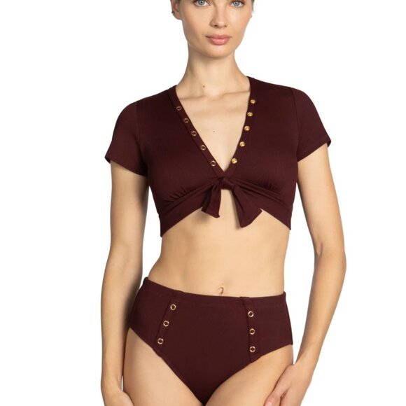 Robin Piccone Amy Raglan Ribbed 2 Piece High Waist Bikini All Spice Burgundy - Picture 1 of 2